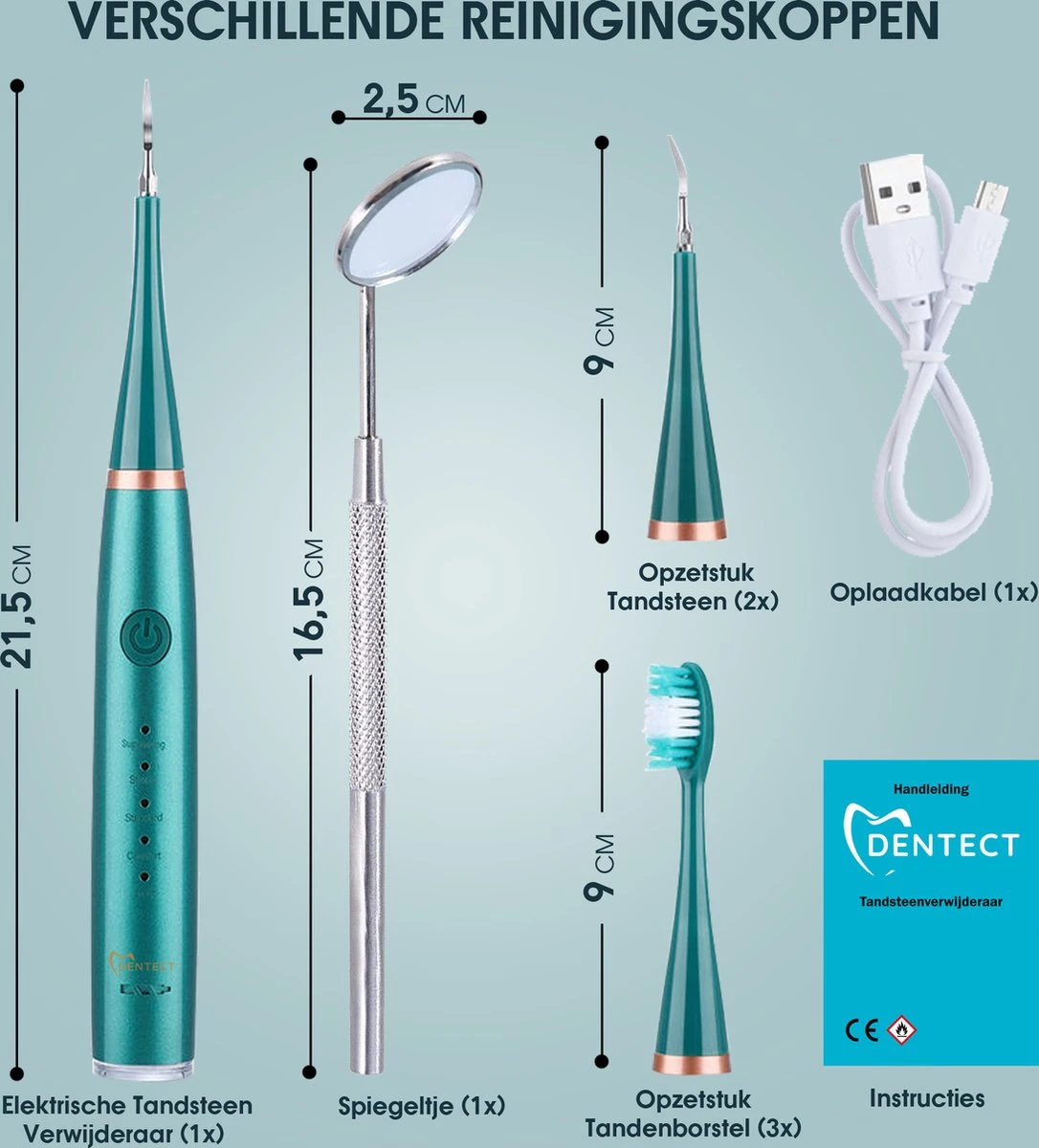 Merkloos Tandsteen Verwijderaar Elektrisch Dentect – Tandenborstel Opzetstukken - Tandarts Spiegel - 5 Standen - Groen - Afbeelding 8