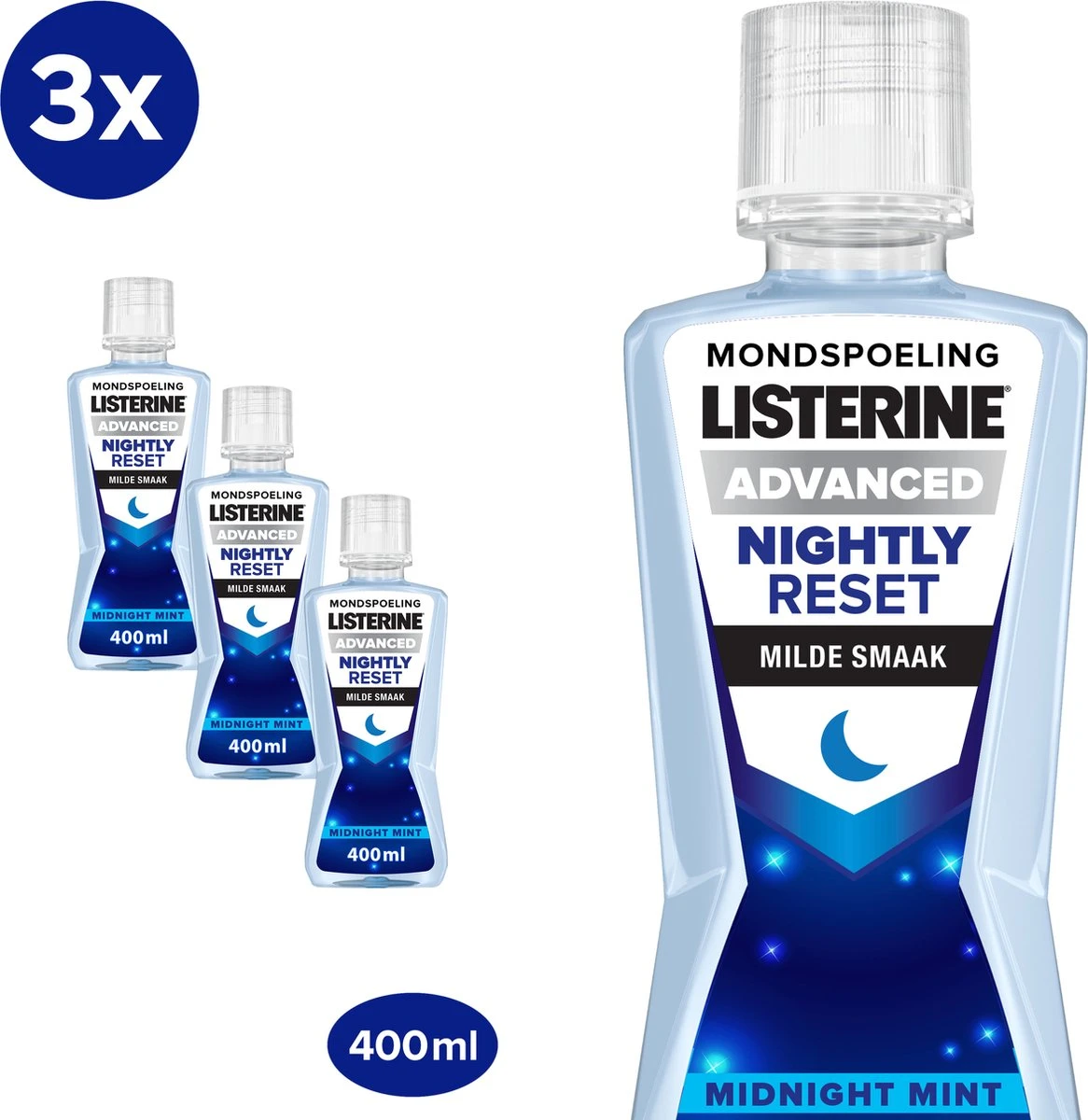 LISTERINE Nightly Reset Milde Smaak, Mondspoeling Met RAPID-FUSHION -technologie Voor Gebruik Tijdens De Nacht, Hermineraliseert Het Tandglazuur, 3 X 400 Ml