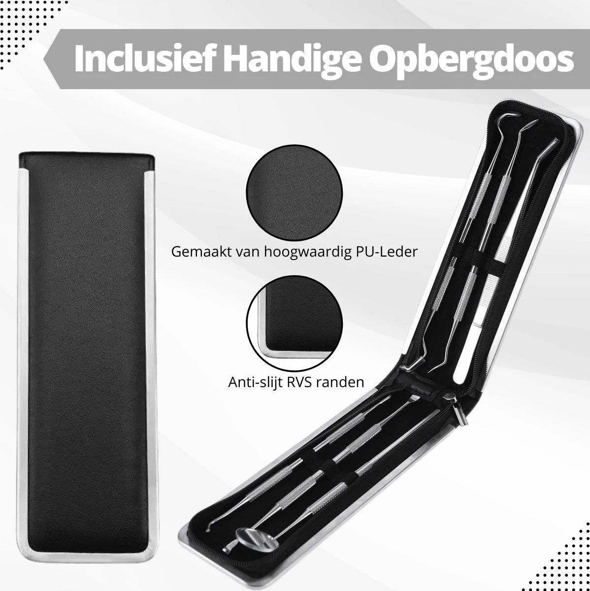 AdroitGoods 7 Delige RVS Tandarts Setje - Incl Haakje En Spiegel - Tandenstokers - Tandplak - Gebit Verzorging Setje - Afbeelding 6