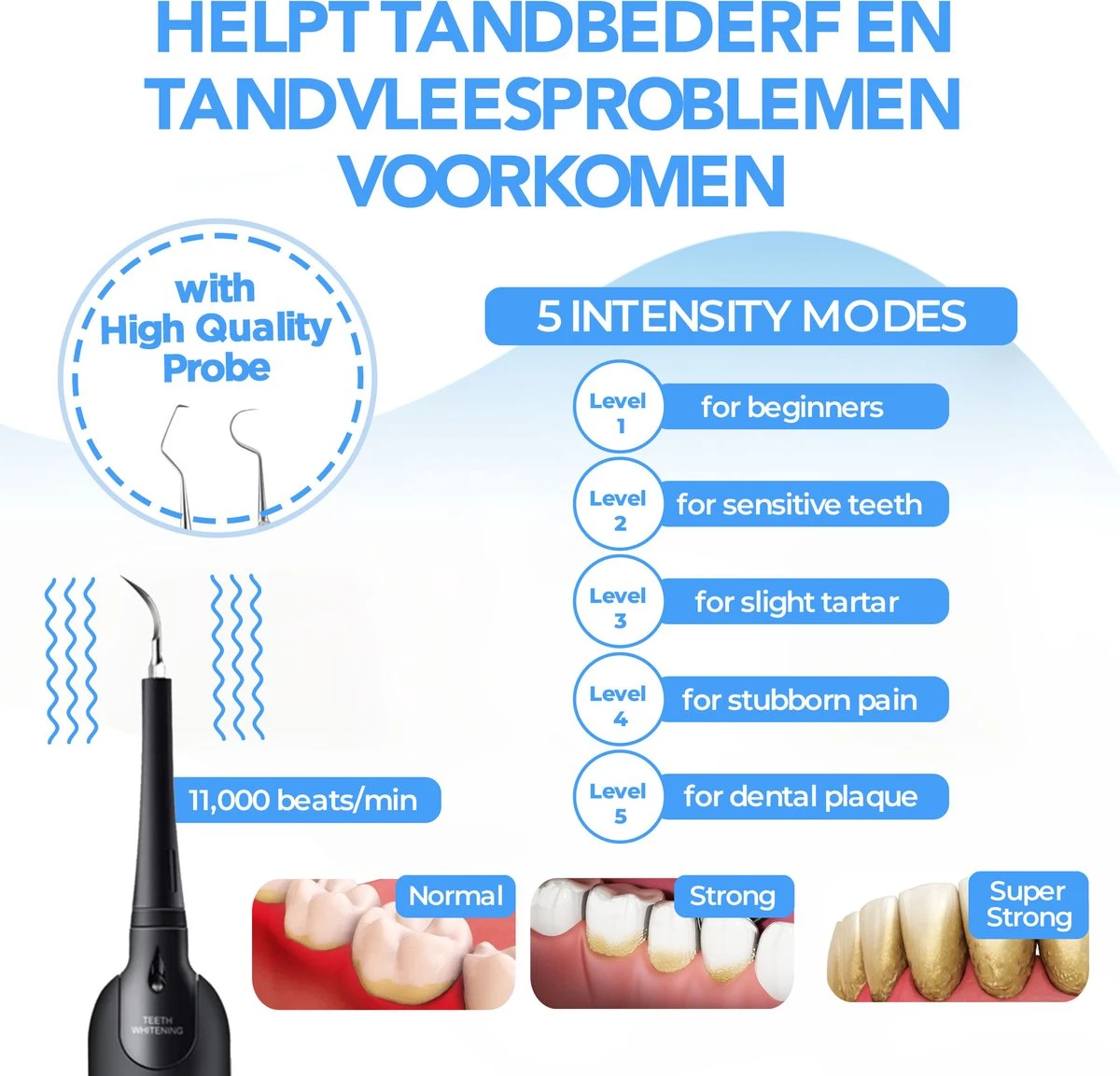 Merkloos Tandsteen Verwijderaar - 5 Standen - Inclusief Tandarts Set - Met 3 Opzetstukken - Elektrisch - Tandplak - Afbeelding 6