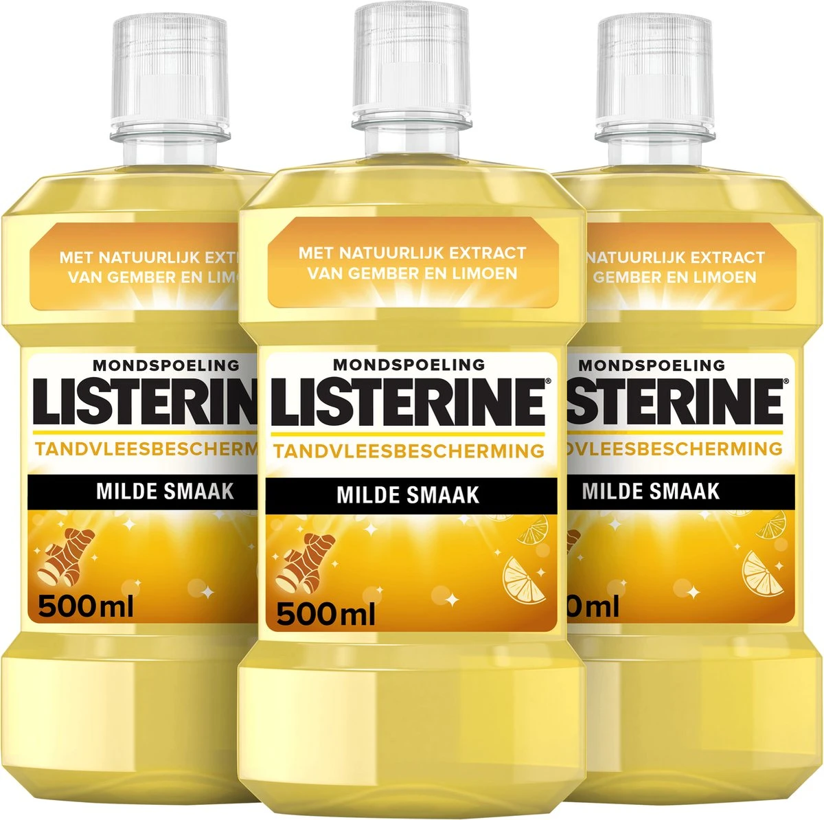 LISTERINE Fresh Ginger & Lime Mondwater, Met Gember- En Limoenextract, Mondspoeling Zonder Alcohol, Voor Een Frisse Adem, 3 X 500 Ml - Afbeelding 2