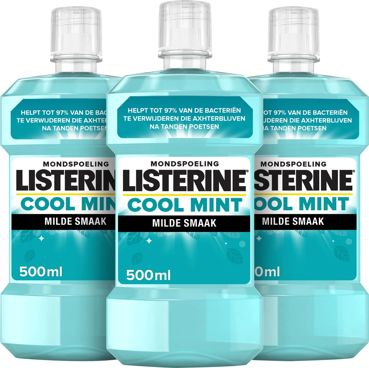 LISTERINE Cool Mint Milde Smaak, Mondspoeling Zonder Alcohol Met Etherische Oliën, Helpt Bacteriën Te Verwijderen En Zorgt Voor Een Langdurig Frisse Adem, 3 X 500 Ml - Afbeelding 2