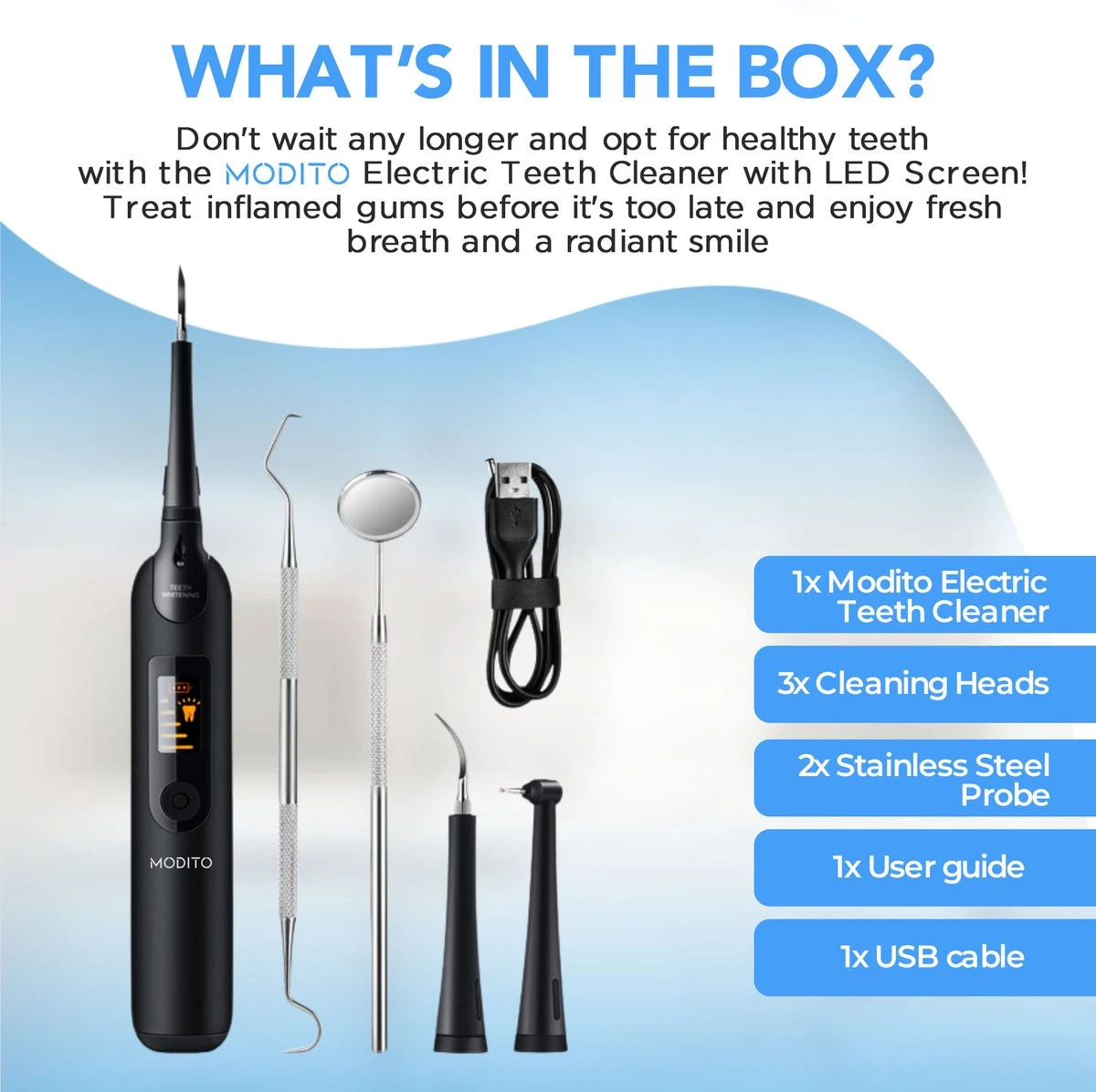 Merkloos Tandsteen Verwijderaar - 5 Standen - Inclusief Tandarts Set - Met 3 Opzetstukken - Elektrisch - Tandplak - Afbeelding 5