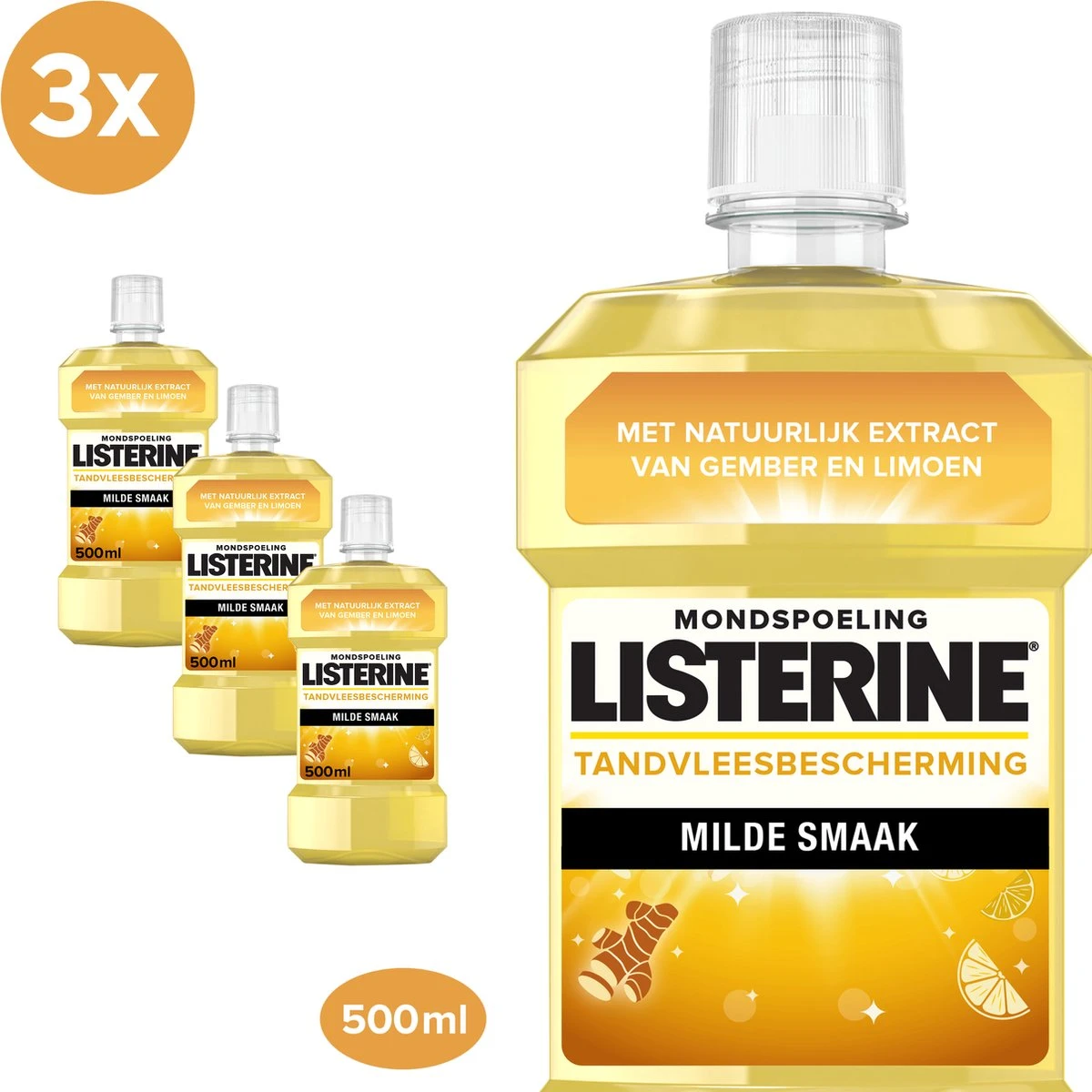 LISTERINE Fresh Ginger & Lime Mondwater, Met Gember- En Limoenextract, Mondspoeling Zonder Alcohol, Voor Een Frisse Adem, 3 X 500 Ml