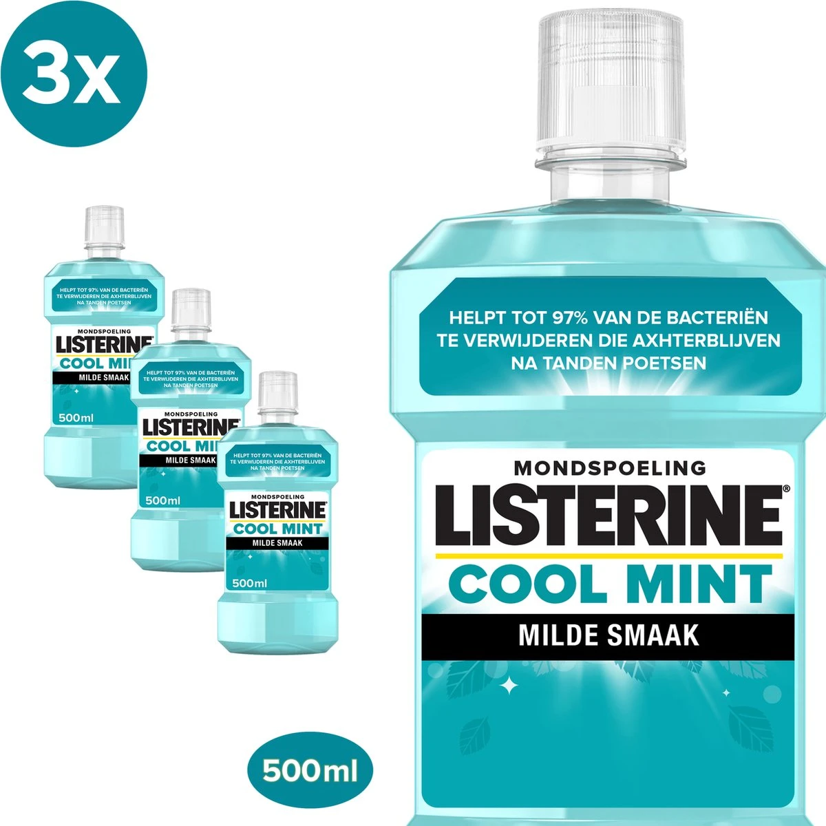 LISTERINE Cool Mint Milde Smaak, Mondspoeling Zonder Alcohol Met Etherische Oliën, Helpt Bacteriën Te Verwijderen En Zorgt Voor Een Langdurig Frisse Adem, 3 X 500 Ml