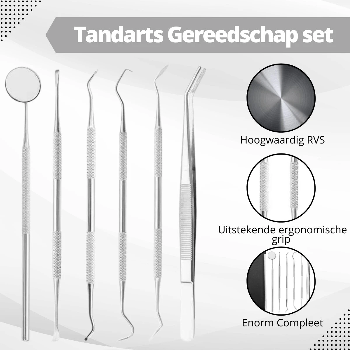 AdroitGoods 7 Delige RVS Tandarts Setje - Incl Haakje En Spiegel - Tandenstokers - Tandplak - Gebit Verzorging Setje - Afbeelding 4