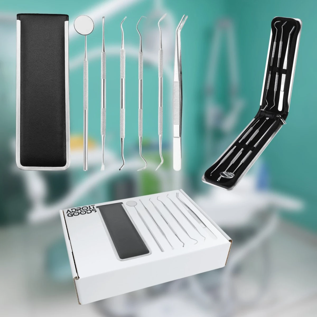 AdroitGoods 7 Delige RVS Tandarts Setje - Incl Haakje En Spiegel - Tandenstokers - Tandplak - Gebit Verzorging Setje - Afbeelding 8